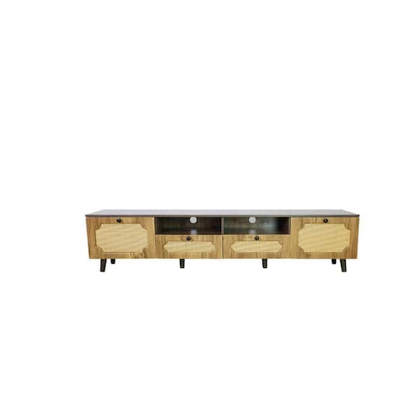 Brown TV Cabinet with Solid Wood Legs Fits 65 in. TV, has UV-Open Drawers and Rattan Design For Living/Bedroom