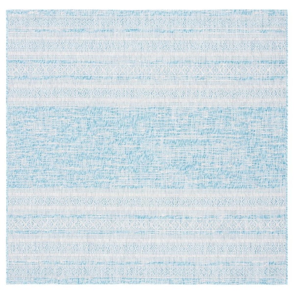 Courtyard Aqua/Gray 7 ft. x 7 ft. Aztec Striped Indoor/Outdoor Patio  Square Area Rug