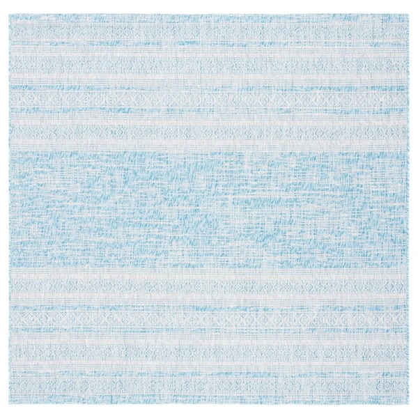 SAFAVIEH Courtyard Aqua/Gray 7 ft. x 7 ft. Aztec Striped Indoor/Outdoor Patio  Square Area Rug