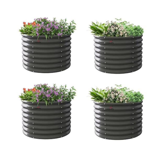 Zeus & Ruta 35 in. x 35 in. x 24 in. Quartz Grey Outdoor Round Metal Planter Box for Planting Vegetables (4-Pack)
