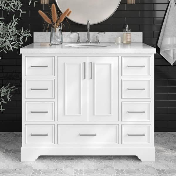 ARIEL Stafford 43 in. W x 22 in. D x 36 in. H Single Sink Freestanding Bath Vanity in White with Carrara White Marble Top