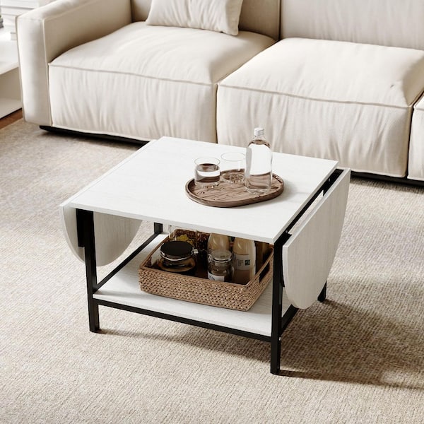 47.2 in. Length White Oval Wood Coffee Table, Side Table with Foldable Top, Open Shelf and Metal Frame