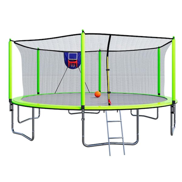 FLIPZA 15 ft. Trampoline with Basketball Hoop and Enclosure Net in Green