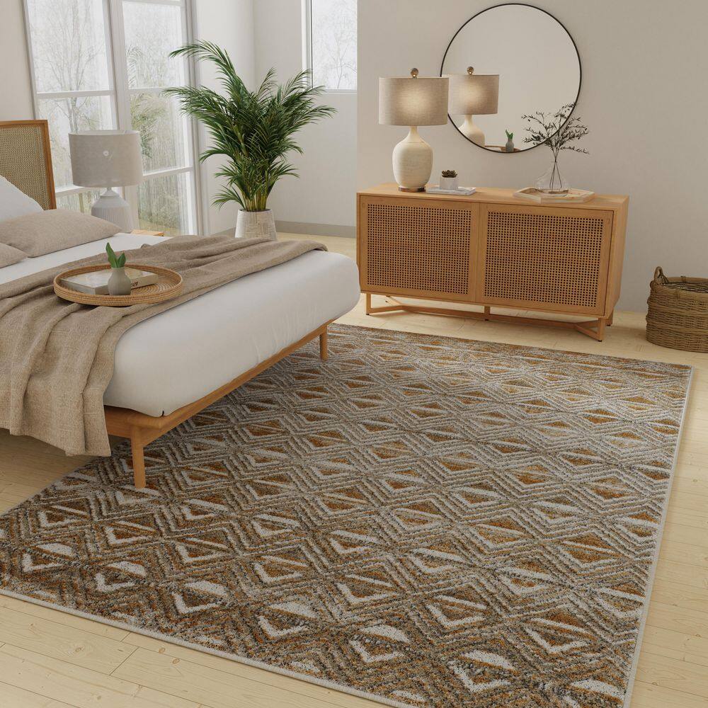 Beige and Yellow Geometric 2' x 3' Synthetic Area Rug