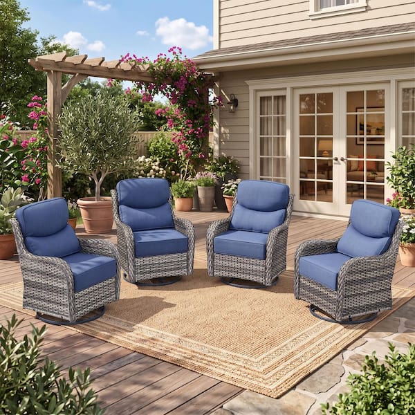 Moonluxe 4-Piece Gray Wicker Outdoor Glider Chair with 5 in. Olefin Blue Cushions Patio Swivel Chairs