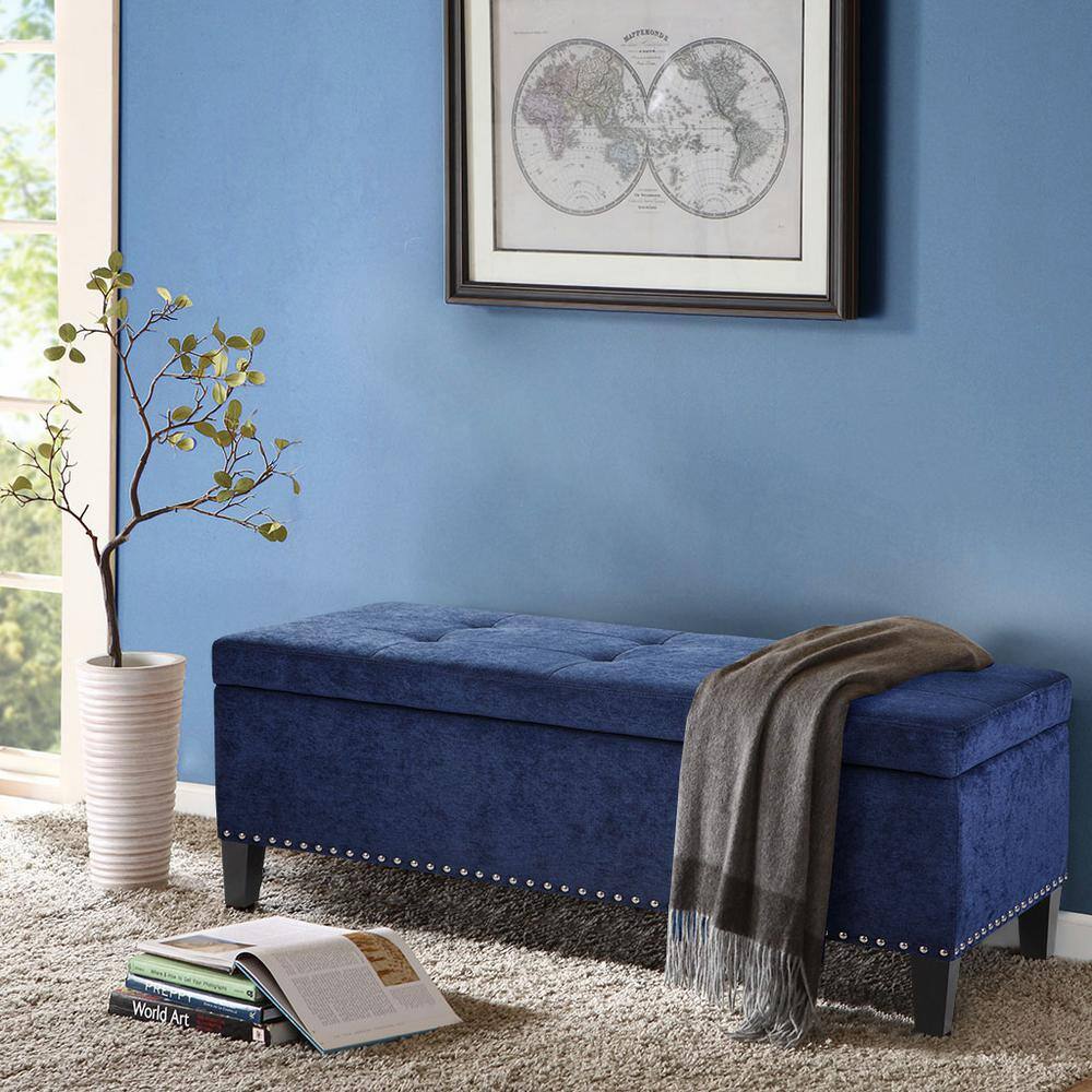 Blue Tufted Storage Bench with Espresso Wood Legs
