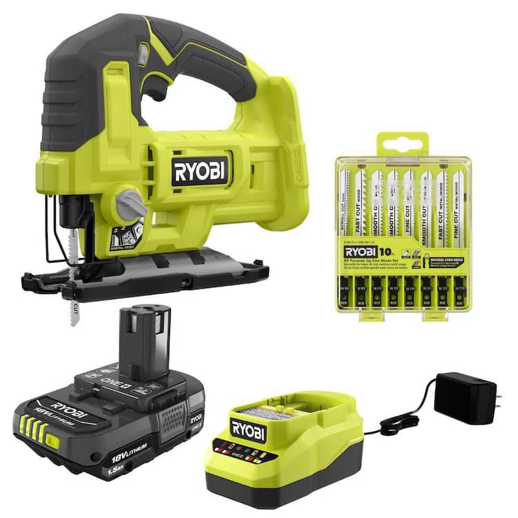 RYOBI ONE+ 18V Cordless Jig Saw Kit with 1.5 Ah Battery, Charger, and All Purpose Jig Saw Blade Set (10-Piece)