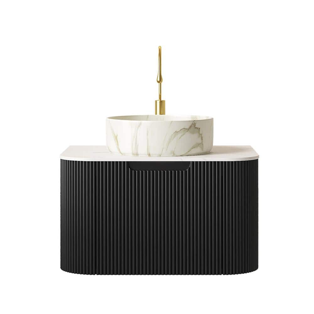 24 in. Wall-Mounted Black Bath Vanity with Carrara White Sintered Stone Top Pre-Assembled price history on PriceWatchPro