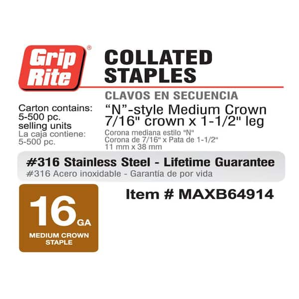 Grip-Rite 1-1/2 in. x 16-Gauge 316 Stainless Steel Medium Crown Staples (500-Pack)