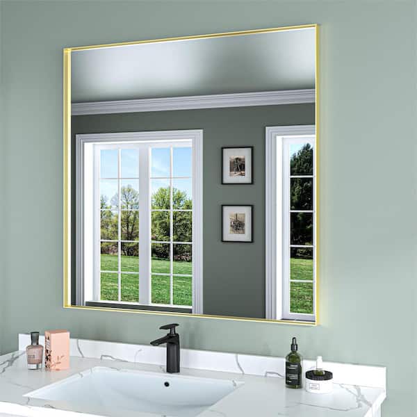 ORGANNICE 36 in. W x 36 in. H Gold Aluminum Rectangle Framed Tempered Glass Wall-mounted Bathroom Mirror