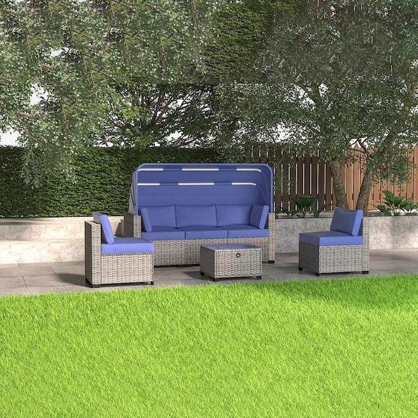 Unbranded 6 Pieces Wicker Patio Conversation Set with Retractable Canopy Outdoor Sectional Sofa Adjustable Backrest Blue Cushions