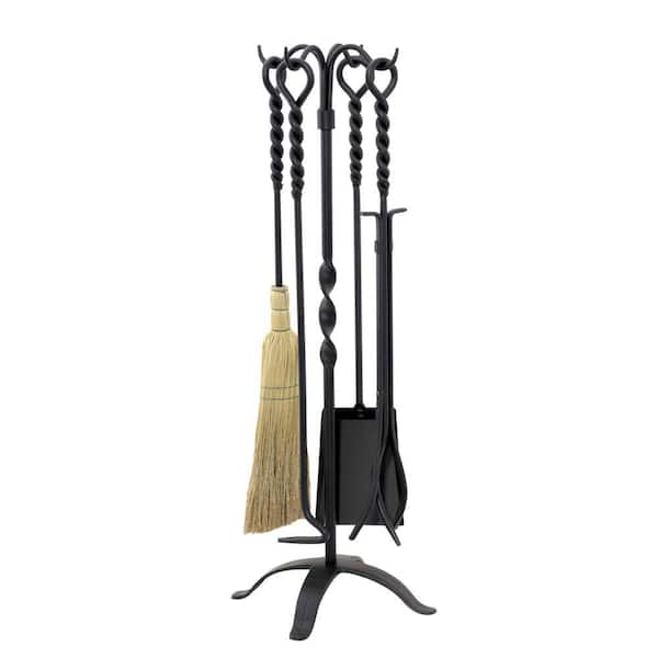 UniFlame Black Wrought Iron Twist 5-Piece Fireplace Tool Set with Heavy Duty Cast Iron Construction