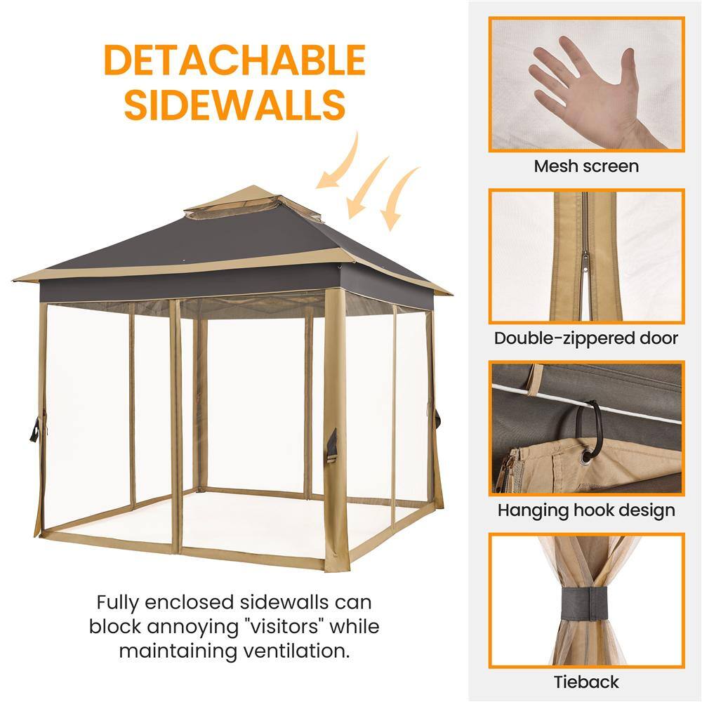 Brown 10x10 Steel Pop-Up Gazebo with Mesh Netting