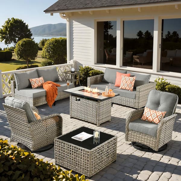 Gerbera Gray 9-Piece Wicker Patio Fire Pit Conversation Sofa Set with Swivel Rocking Chairs and Dark Gray Cushions