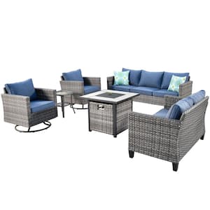 Jupiter 6-Piece Wicker Outdoor Patio Fire Pit Seating Sofa Set and with Denim Blue Cushions and Swivel Rocking
