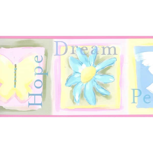 Dundee Deco Falkirk Brin Hope, Dream, Peace, Love Pink, Blue, Green Wallpaper Border