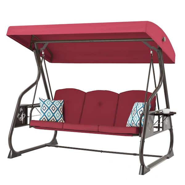 3-Seat Metal Patio Swing Outdoor Swing with Adjustable Backrest Canopy Cushion Pillow and Cup Holder(Wine Red)