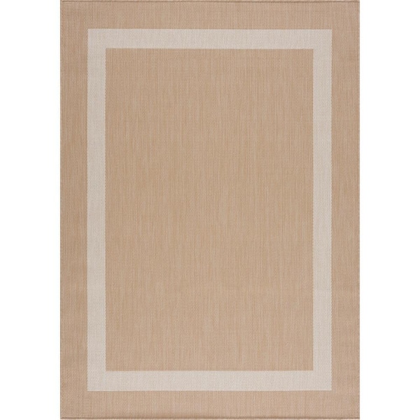 Beige/White 6 ft. x 9 ft. Bordered Indoor/Outdoor Area Rug