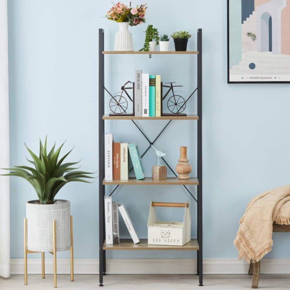 Black Metal and Wood 4-Shelf Ladder Bookcase