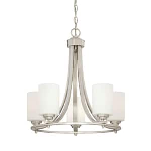 5-Lights Satin Nickel Chandelier with Etched White Glass