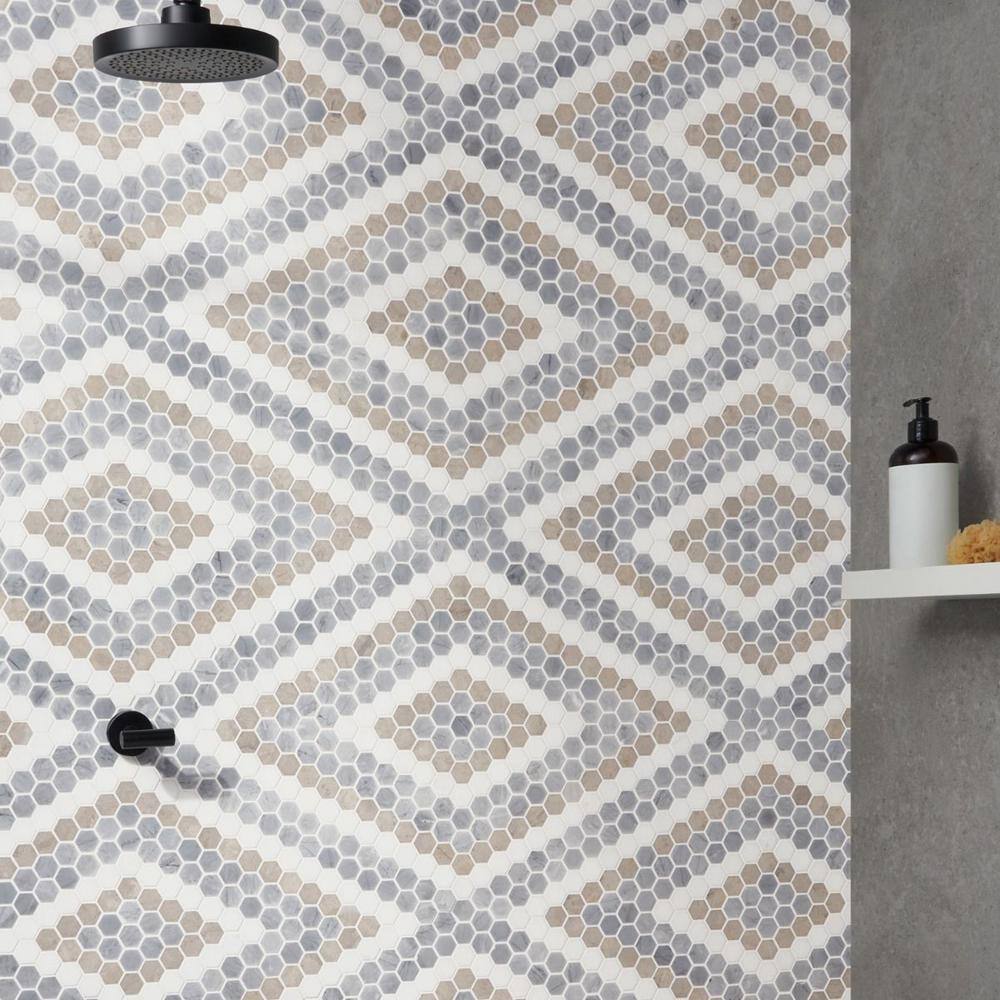 Hyperion Beige and Gray Marble Hexagon Mosaic Tile Sheet