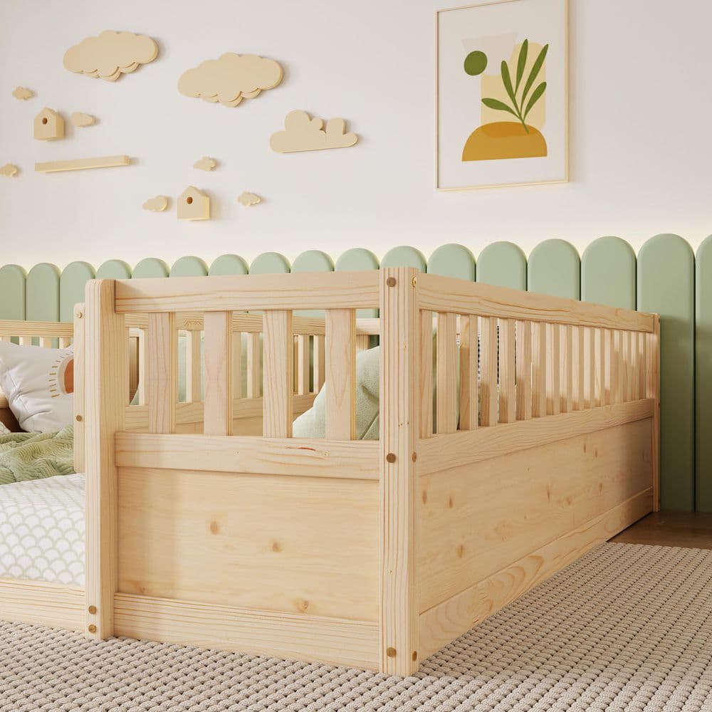 Brown Wood Frame Twin Size Double Floor Platform Bed with Semi-Enclosed Safety Guardrails