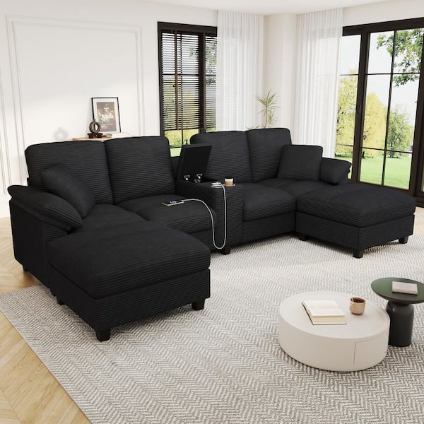 116.9 in. Square Arm Corduroy L-Shaped Sofa in Black with Storage Ottomans, Cup Holders and USB Ports