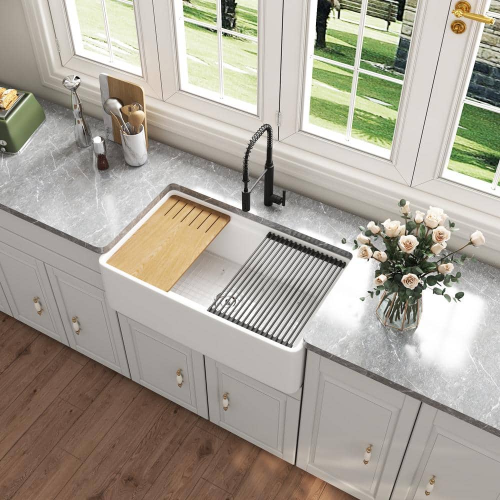 White Fireclay 33" Single Bowl Farmhouse Kitchen Sink with Accessories
