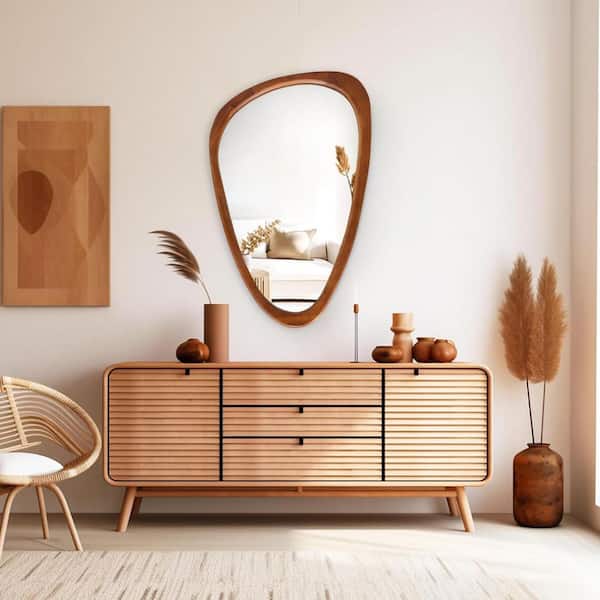 20 in. W x 30 in. H Irregular Natural Wood-Frame Wall Mirror, Distinctive Asymmetric Design