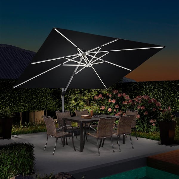 PURPLE LEAF 9 ft. x 12 ft. Aluminum Solar Powered LED Patio Cantilever Offset Umbrella with Base, Black