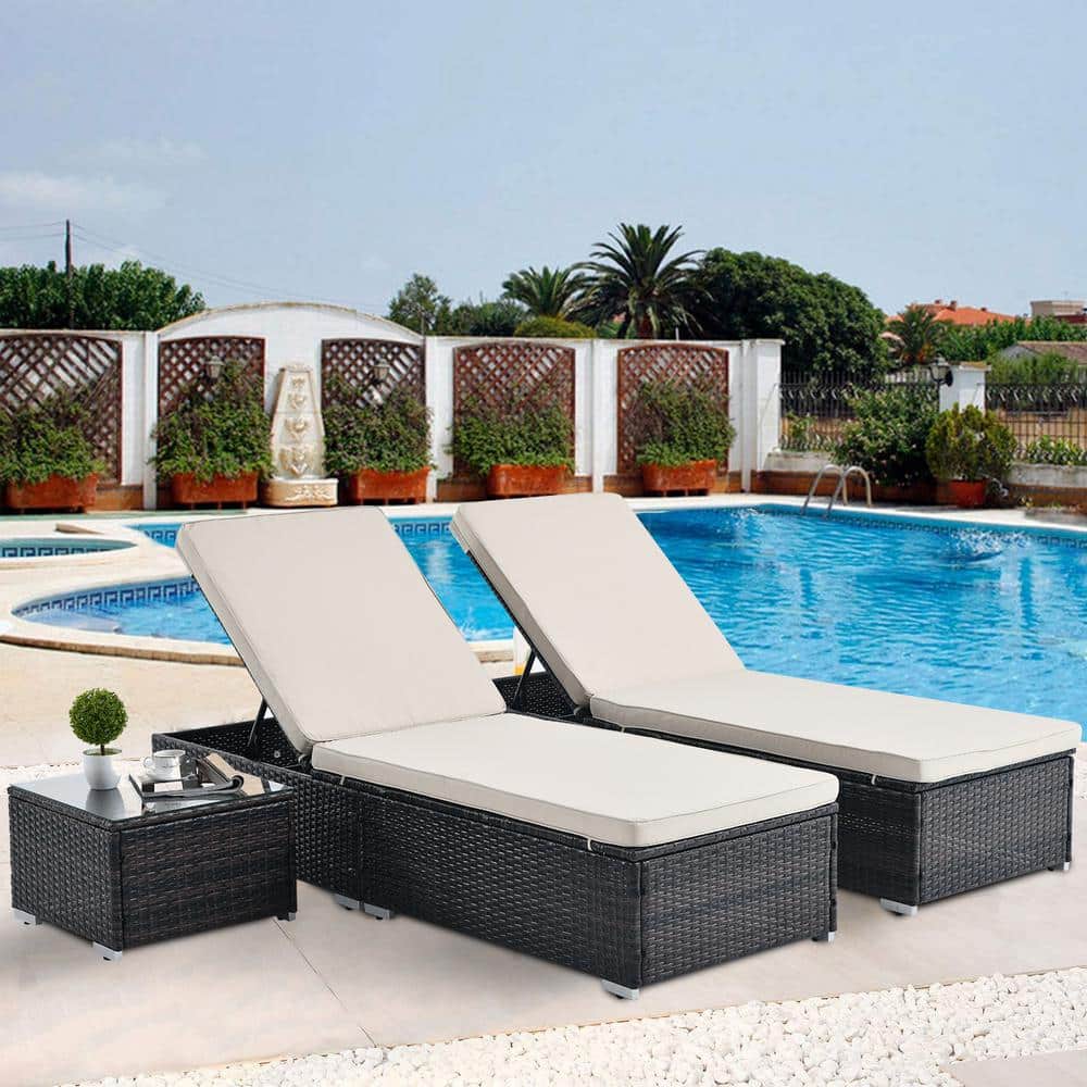 3-Piece Brown Metal Outdoor Patio Chaise Lounge Chair Lying in bed with Rec