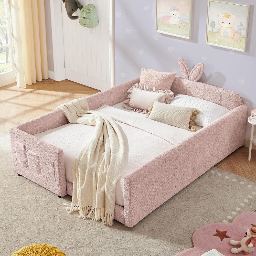 Pink Full Size Luxury Boucle Fabric Upholstered Kids Platform Bed with Charming Bunny Ear Headboard and Side Pocket price history on PriceWatchPro