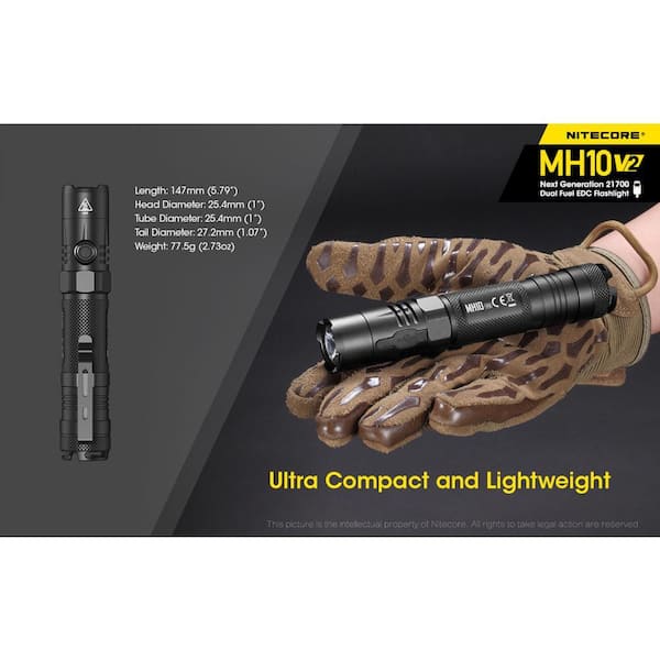NITECORE MH10 V2 1200 Lumen USB-C Rechargeable Flashlight - Includes Battery & Holster, Tactical LED