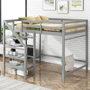 Gray Full Size Loft Bed with Built-in Storage Staircase and Hanger