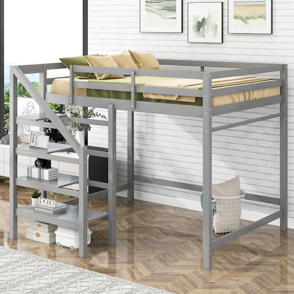 Qualler Gray Full Size Loft Bed with Built-in Storage Staircase and ...