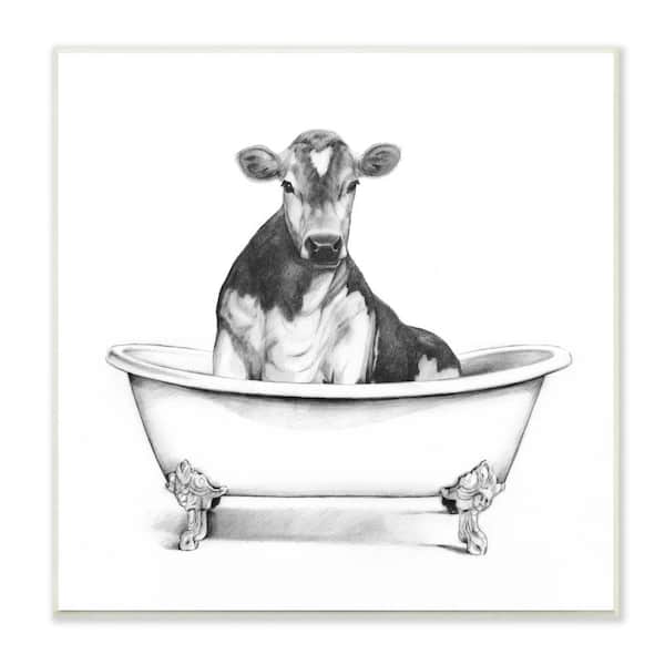 Stupell Industries "Cow in Claw Tub Minimal Farm Animal Sketch" by Victoria Borges Unframed Animal Wood Wall Art Print 12 in. x 12 in.