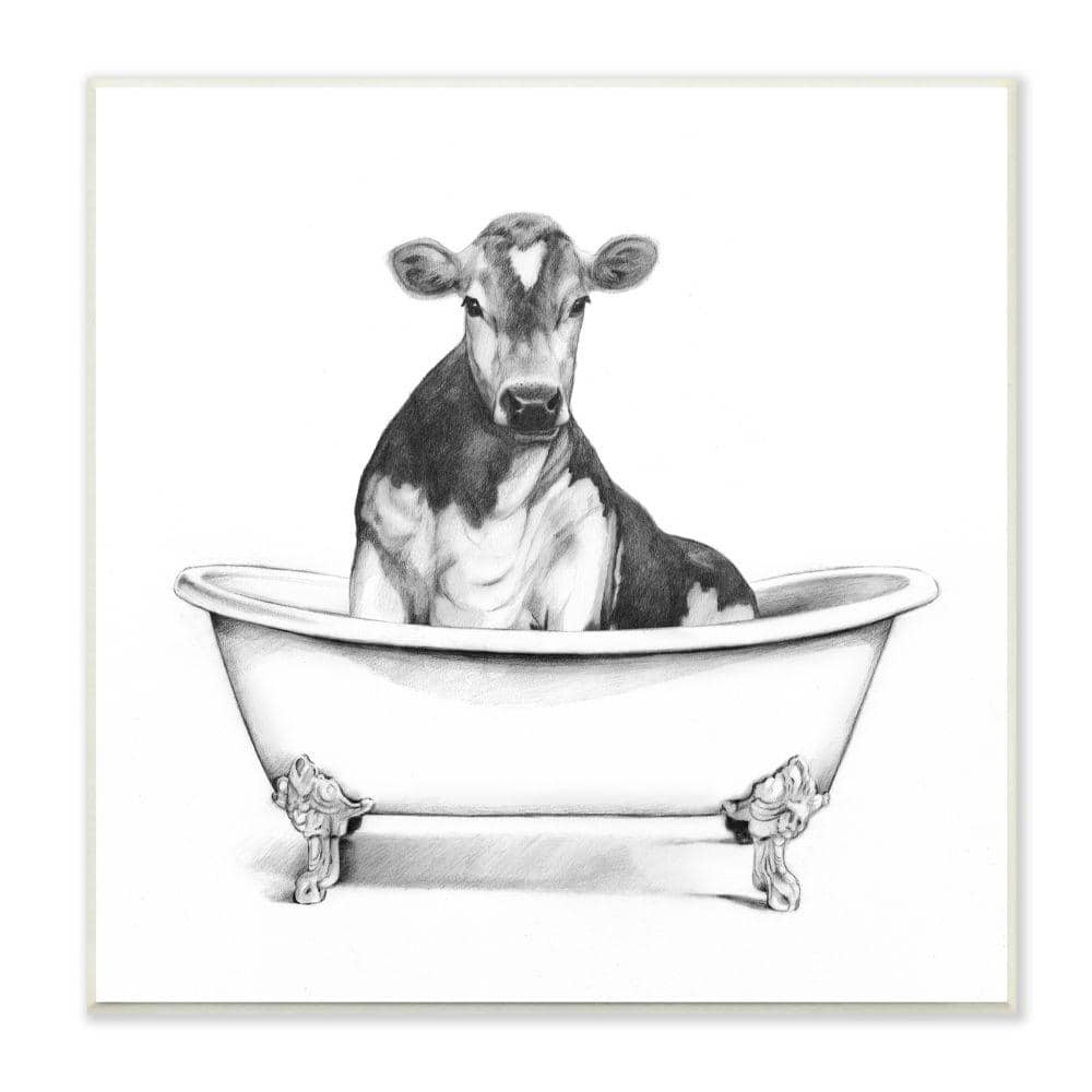 Cow in Claw Tub Black and White Wood Wall Art