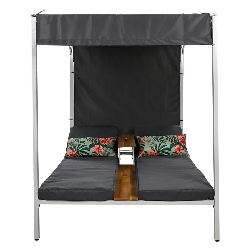 2-Person Metal Outdoor Day Bed, Patio Sunbed with Adjustable Seats, Soft Gr