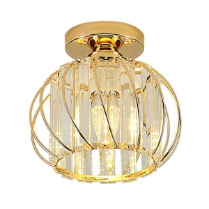 7 in. Gold Semi-Flush Mount - 1-Light, Modern with Clear Crystal Accents