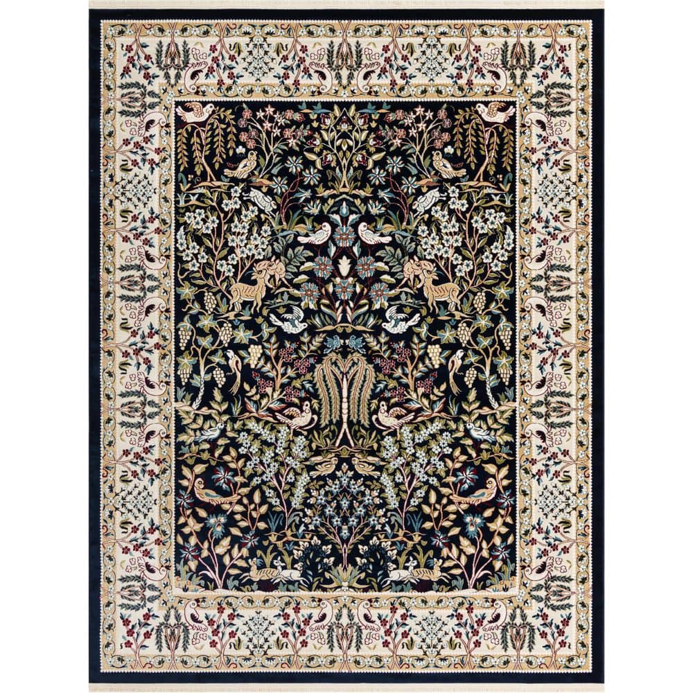 Navy Blue Floral Synthetic 8' x 10' Rectangular Area Rug