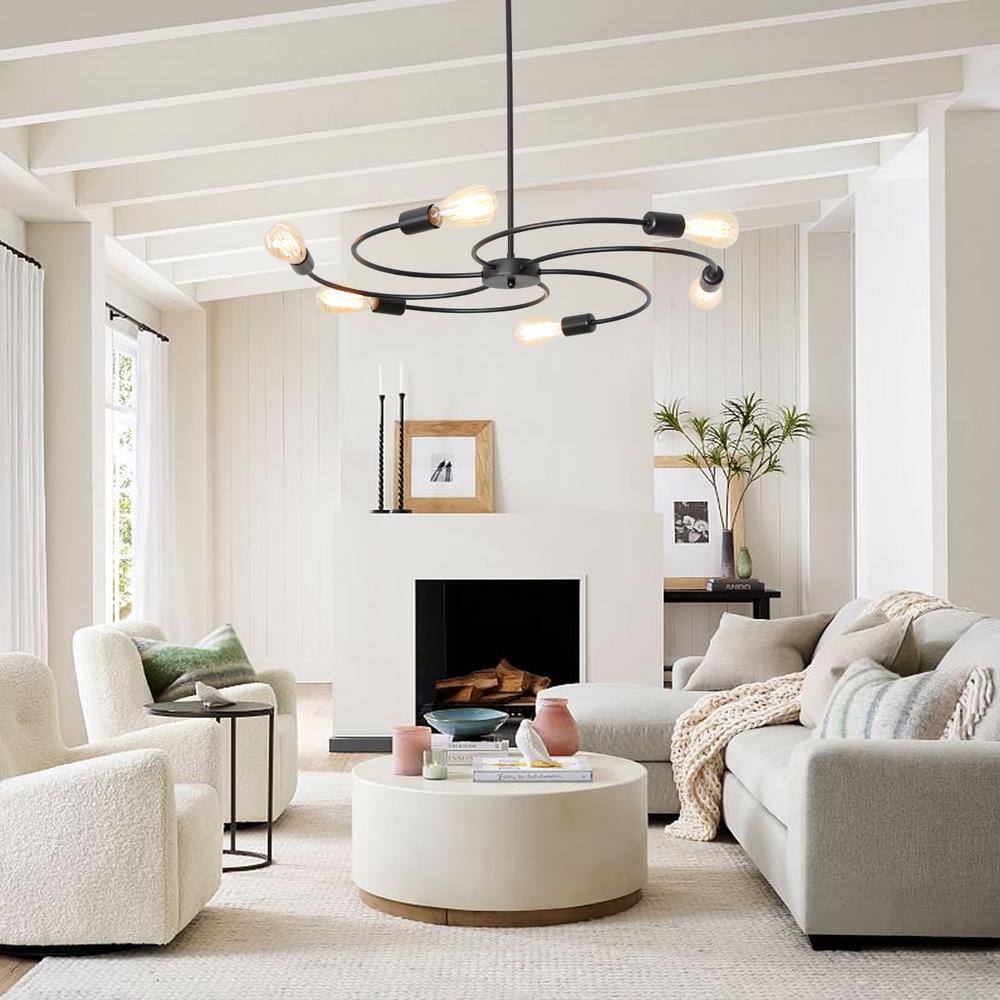 Black Metal 6-Light Sputnik Chandelier with Spiral Design