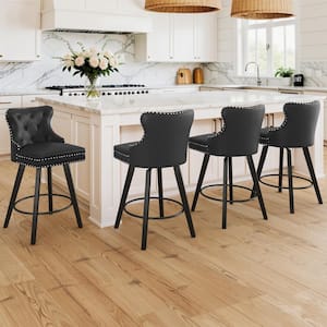 Apollo 27 in. Counter Stool Black Faux Leather Upholstered Button Tufted Swivel Bar Stool with Wood Frame Set of 4