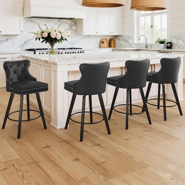 Apollo 27 in. Counter Stool Black Faux Leather Upholstered Button Tufted Swivel Bar Stool with Wood Frame Set of 4