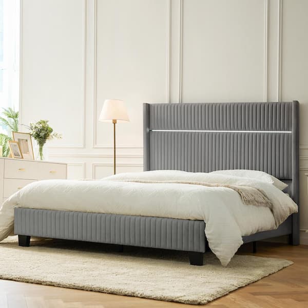 JAYDEN CREATION Marcos Light Gray 65 in. W Queen Platform Bed with Built-in LED Tube Lighting