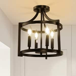 4-Light Black Drum Cage Pendant Light, Rustic Semi-Flush Mount Chandelier for Kitchen Island, Bedroom, Dining Room