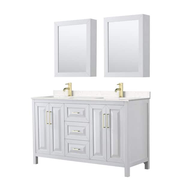 Wyndham Collection Daria 60 in. W x 22 in. D x 35.75 in. H Double Sink Bath Vanity in White with Carr. Cult. Marble Top and MedCab Mirrors