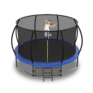 12 ft. Blue Galvanized Anti-Rust Outdoor Round Trampoline with Balance Bar with Enclosure Net and Carriage Bag