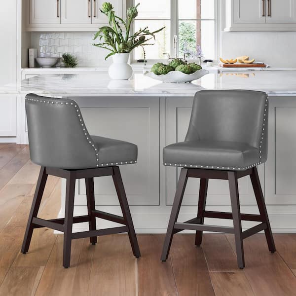 OrangeOne 26 in. Dark Gray Wood 360 Free Swivel Upholstered Counter Bar Stool w/Back Performance Faux Leather Bar Stool Set of 2