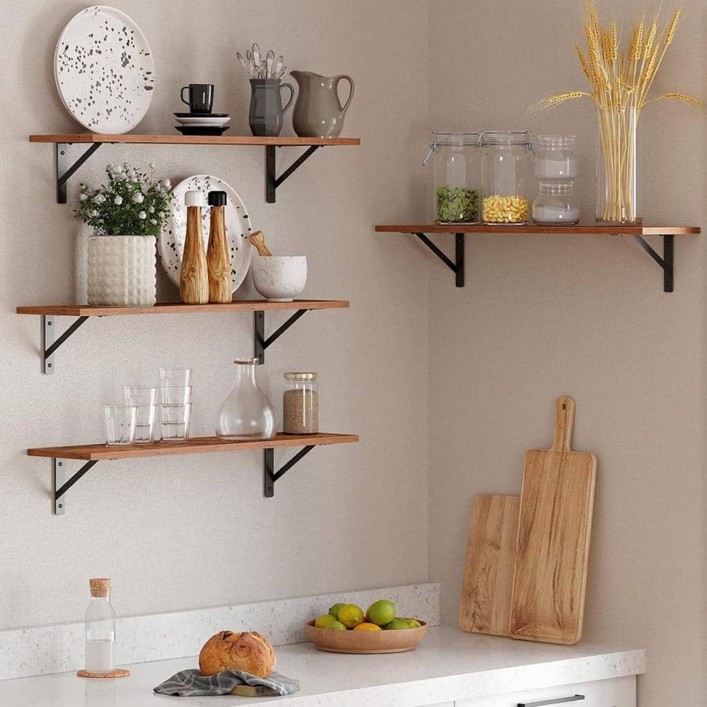 Rustic Brown Wood Floating Wall Shelves with Metal Brackets, 31.5 Inch