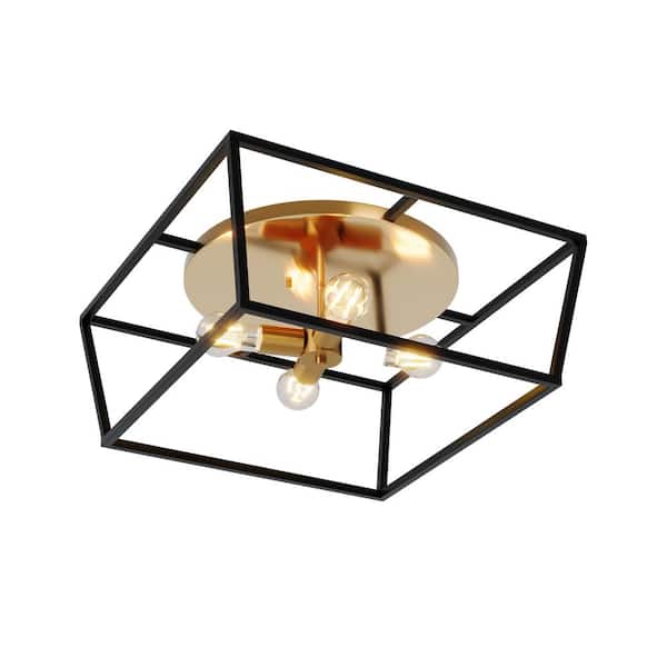 aiwen 17.99 in. 4-Light Industrial Square Flush Mount Black and Gold Finish Ceiling Light Fixture